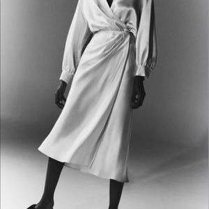 Zara Long Sleeve Satin Wrap Dress in White